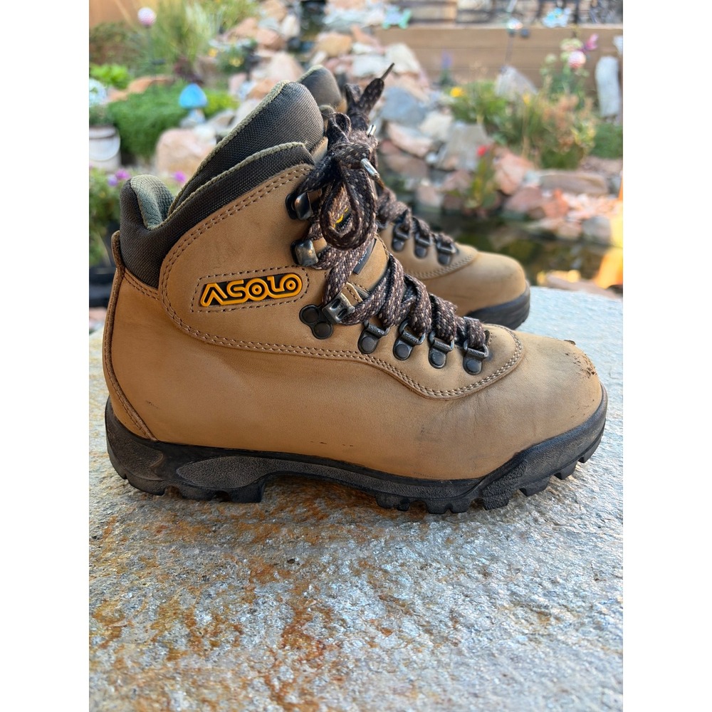 Asolo Womens Tan Leather Hiking Boots Vibram Sole Lace Up Mid Top Size 6.5